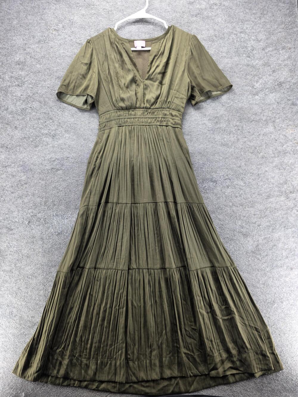 Muse Dress Womens S Green Maxi Empire Waist Tiered Pleated V-Neck Short Sleeve